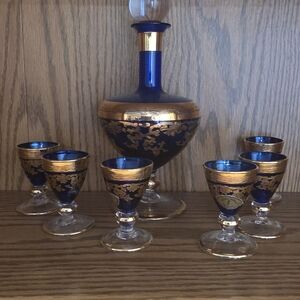 Murano Blue and Gold Glass Decanter Set